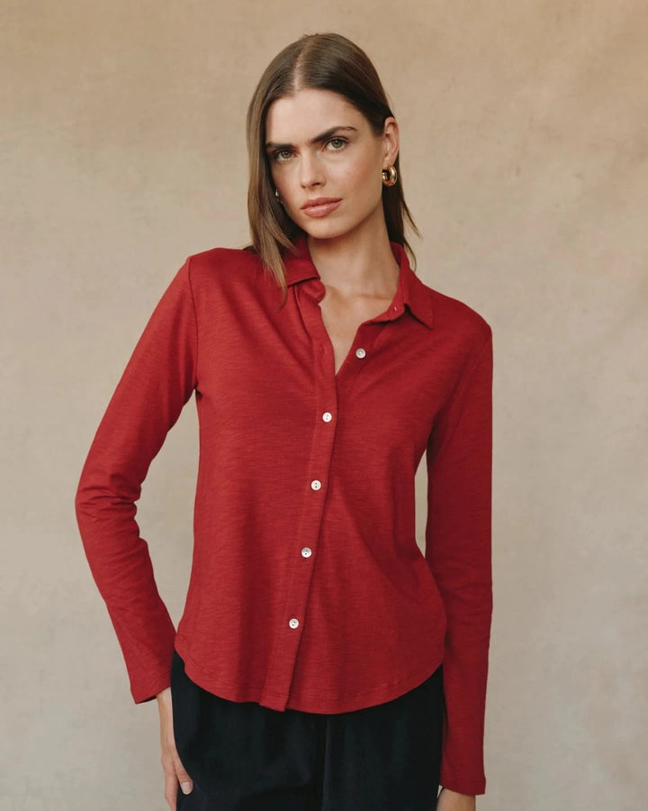 BUTTON DOWN KNIT TOP TOP BELLA DAHL XS RUBY RED 