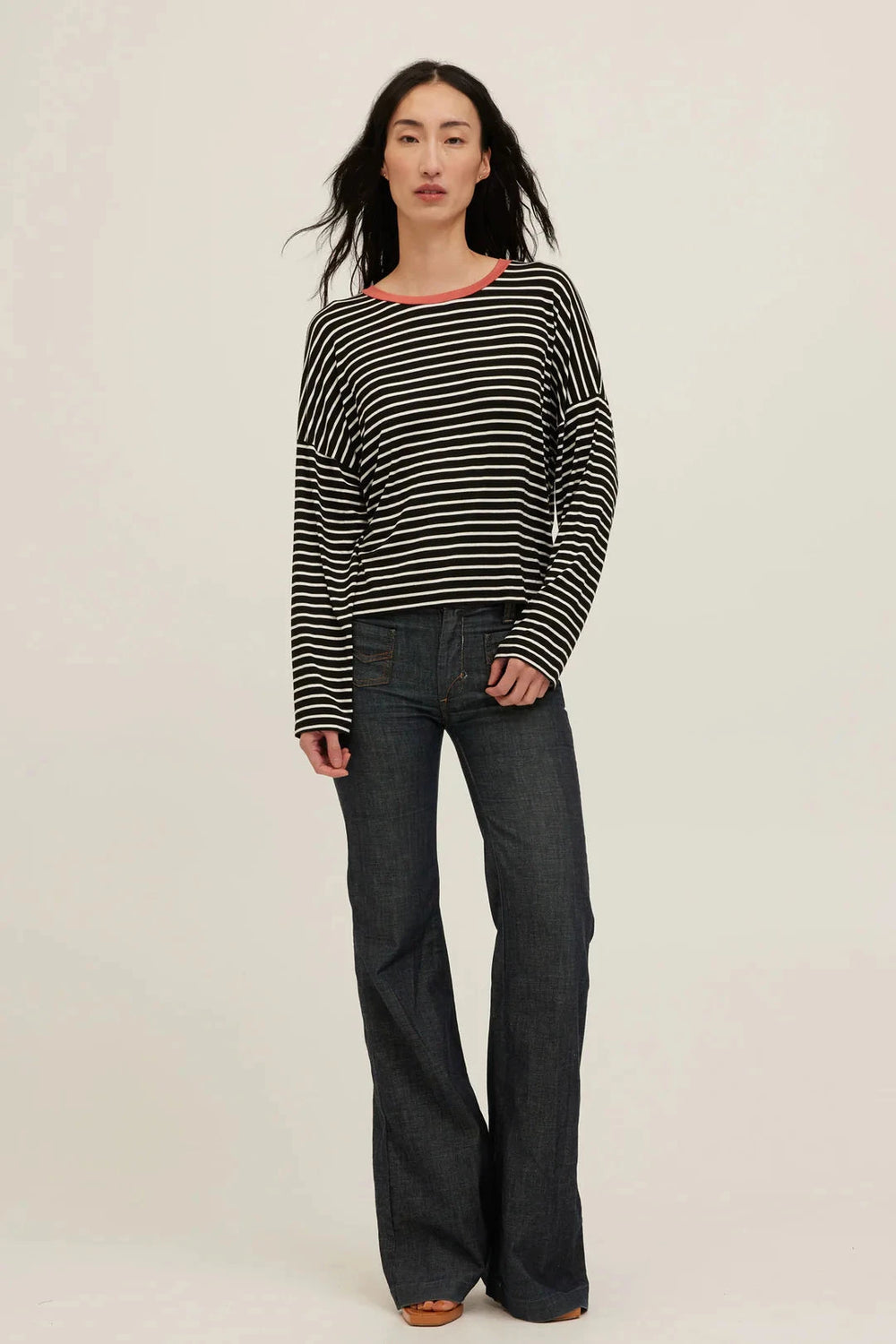CAPTAIN STRIPED BOYFRIEND LONG SLEEVE TOP PROJECT SOCIAL T XS BLACK/WHITE 