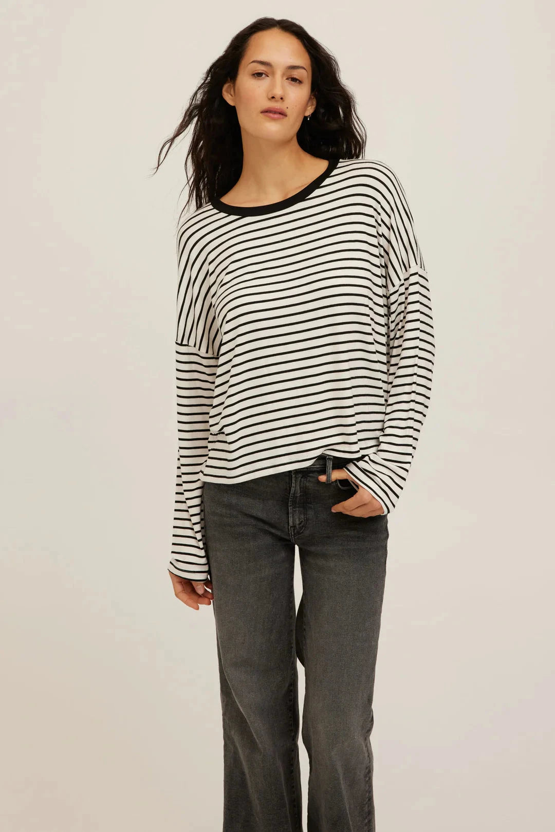 CAPTAIN STRIPED BOYFRIEND LONG SLEEVE TOP PROJECT SOCIAL T XS IVORY/BLACK 