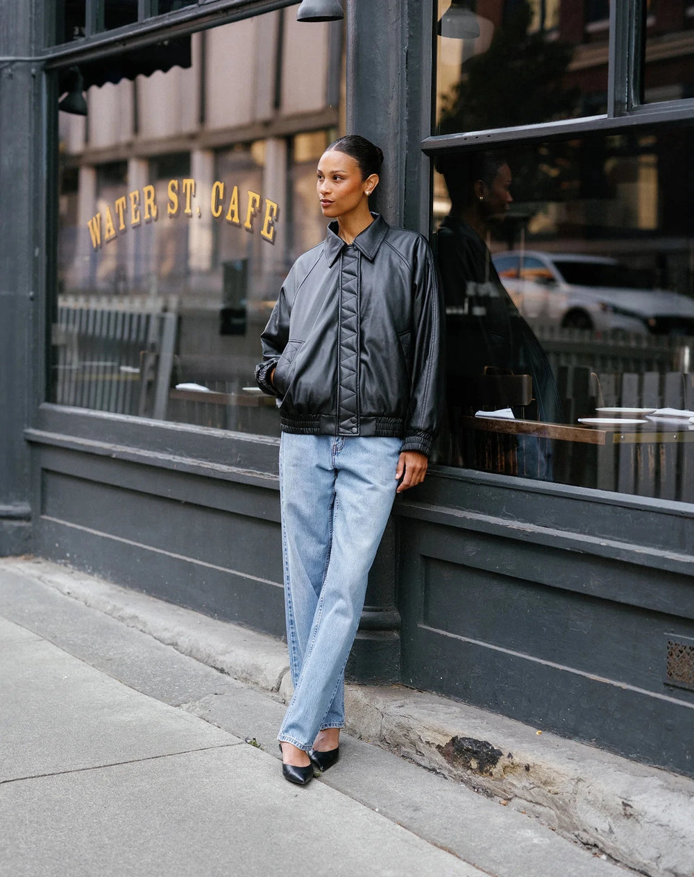 FAUX LEATHER BOMBER JACKET BRUNETTE THE LABEL 