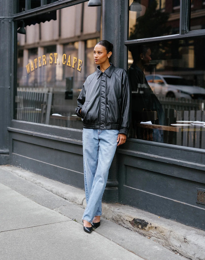 FAUX LEATHER BOMBER JACKET BRUNETTE THE LABEL 