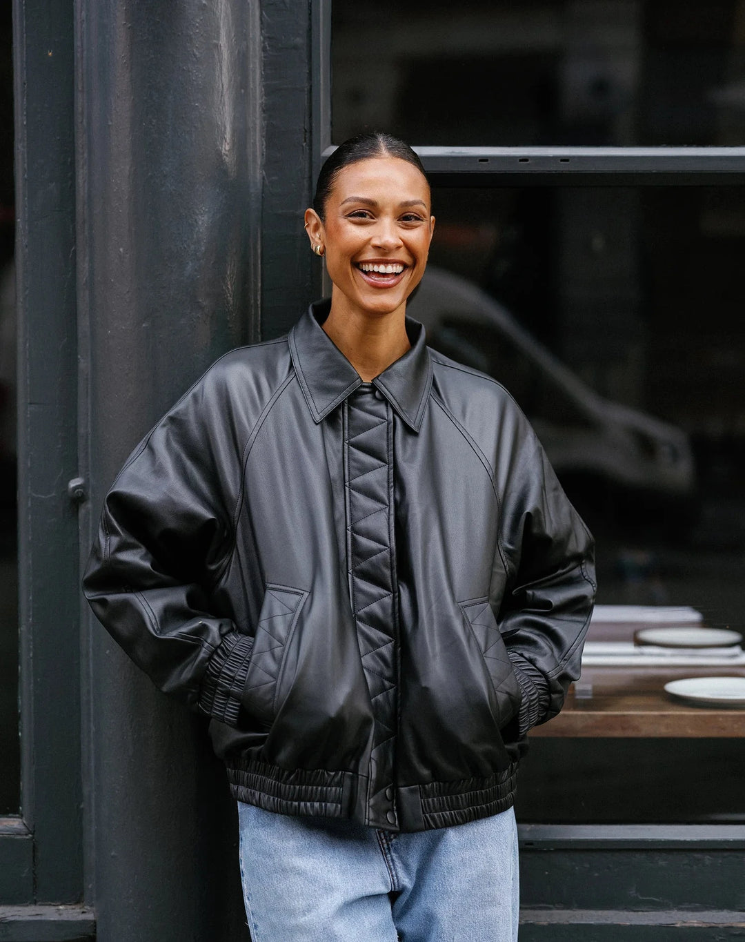 FAUX LEATHER BOMBER JACKET BRUNETTE THE LABEL 