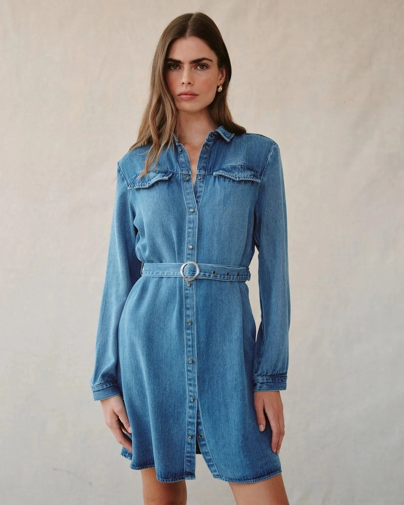 bella dahl denim shirt dress Bella Dahl Long-Sleeve Western Linen Midi Shirt Dress In Blue - 71% Off