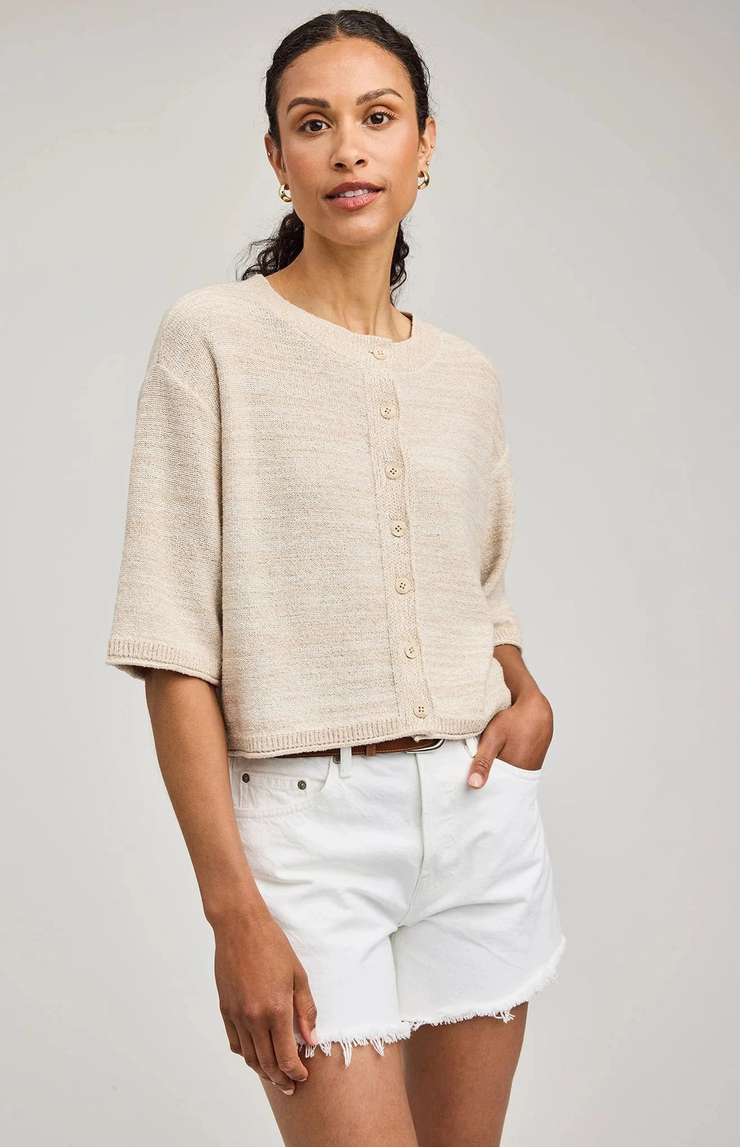 GENEVIEVE CARDIGAN TOP GENTLE FAWN XS LINEN 
