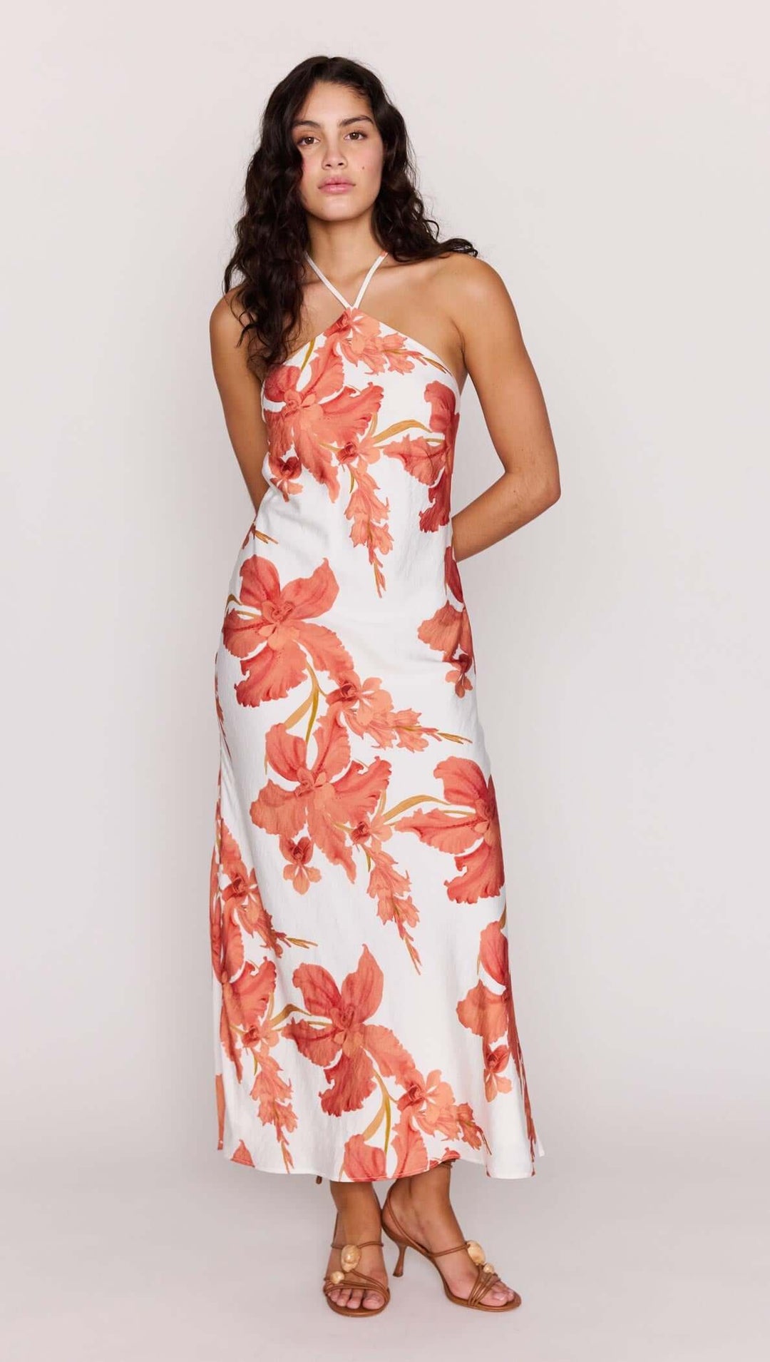 hibiscus halter dress Bright Dress, Made in Hawaii Blue / L this flowing silhouette features a flattering halter neckline and an open back with adjustable ties for the perfect fit MINKPINK Women's Isla Halter Maxi
