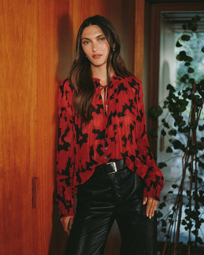 LONG SLEEVE SMOCKED PLEATED BUTTON DOWN blouse BELLA DAHL 