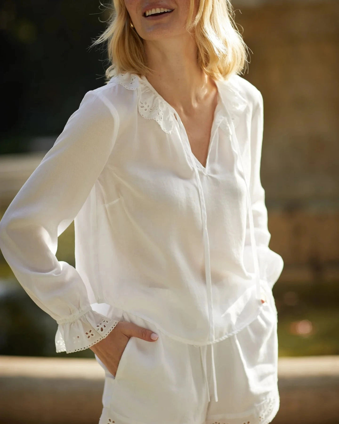 LONG SLEEVE TIE NECK RUFFLE TOP TOP BELLA DAHL 