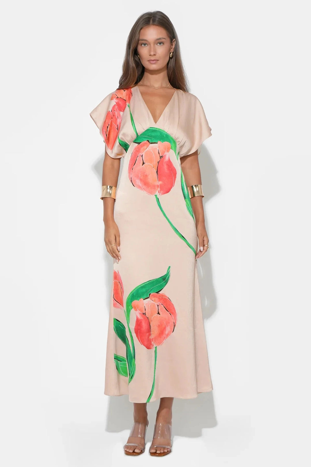 Adelyn Rae Madelyn Flutter Sleeve Large Floral Print Midi Dress