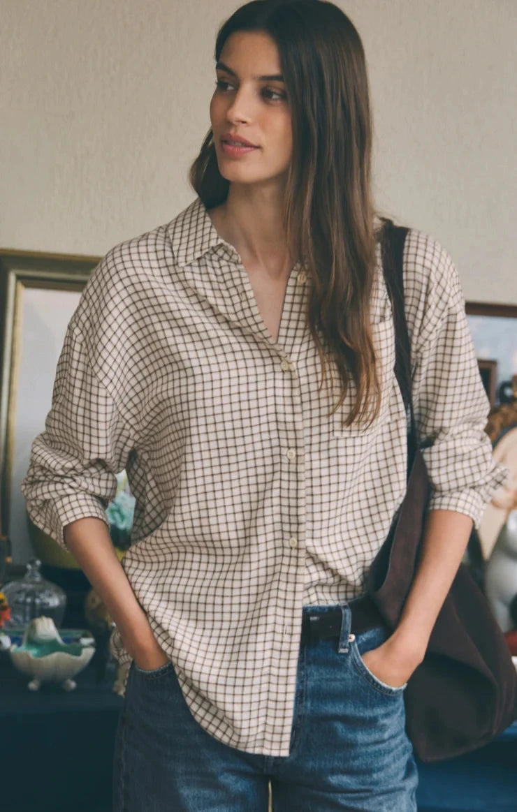 RIVER PLAID BUTTON UP blouse Z SUPPLY M FROSTED PEARL 