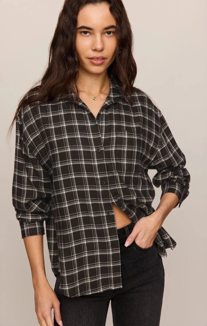 RIVER PLAID BUTTON UP blouse Z SUPPLY XS ASH BLACK 