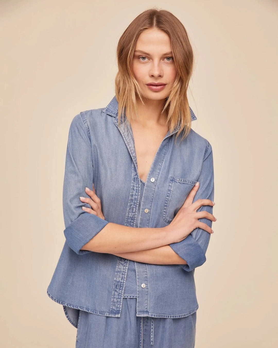 SHIRT TAIL BUTTON DOWN TOP BELLA DAHL XS INDIGO HARBOR 