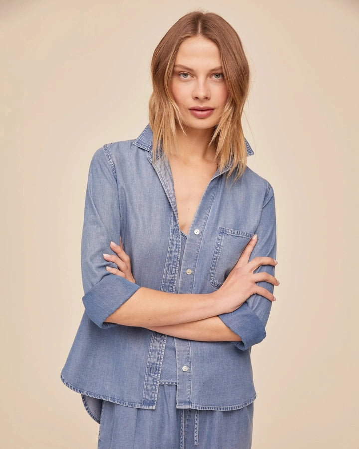 SHIRT TAIL BUTTON DOWN TOP BELLA DAHL XS INDIGO HARBOR 