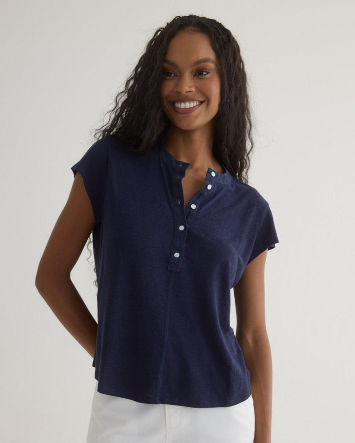 SHORT SLEEVE PLACKET PULLOVER top BELLA DAHL XS ITALIAN NAVY 