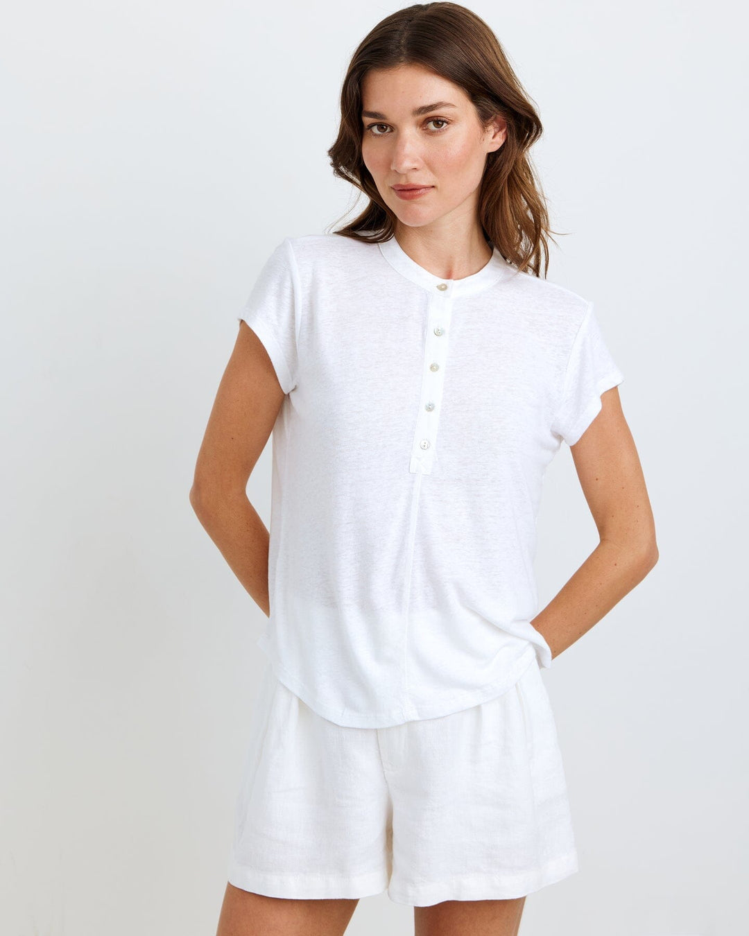 SHORT SLEEVE PLACKET PULLOVER top BELLA DAHL XS WHITE 